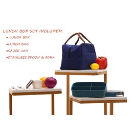 MINCOCO Bento Lunch Box Leak-proof Eco-Friendly Bento Box Food Storage Containers with Large Lunch Bag, Sauce Jar, Stainless Spoon&Fork for Adults Women Men Kids (Navy Blue)