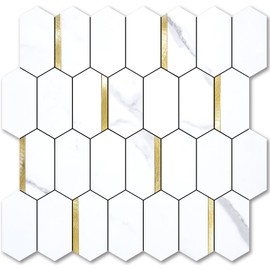Vamos Tile Long Hexagon Peel and Stick Backsplash Tile - 10 Sheets Stick on Backsplash for Kitchen and Bathroom 12.4 x 12 Inch White Marble Look PVC Mixed Metal Gold Self Adhesive Mosaic Wall Tiles