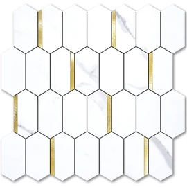 Vamos Tile Long Hexagon Peel and Stick Backsplash Tile - 10 Sheets Stick on Backsplash for Kitchen and Bathroom 12.4 x 12 Inch White Marble Look PVC Mixed Metal Gold Self Adhesive Mosaic Wall Tiles