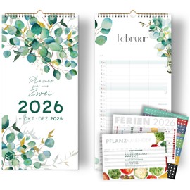 Couples Calendar 2026 Eucalypt 3 Columns Planner for Two 2026 Wall Calendar Couples 16 x 32.5 cm Partner Calendar 2026 Plus Sticker Recycled Holiday, Plus Oct-Dec 2025, Plus Vegetable Calendar Flowers