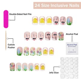 Easter Press on Nails Short Square SWEKKE White French Tip Fake Nails False Nails with Designs Easter Eggs Chicks Bunny Flower Glossy Glue on Nails Spring Acrylic Nails for Women Girls 24 Pcs