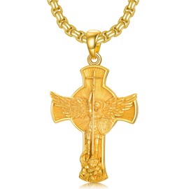 Seiyang Gold Plated Saint Michael Necklace 925 Sterling Silver Cross Archangel Michael Medal Pendant St Michael Cross Medallion Jewelry for Men Women