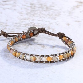 Kelitch Turquoise Beads Wrap Bracelet Natural Leather Adjustable Bracelets Crystal Beads Link Bracelets, Silver Plated