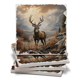 Thirstystone Woodland Deer 4 Pack Assorted Tumbled Tile Stone Coasters with Protective Cork Backing 4" Square Manufactured in The USA