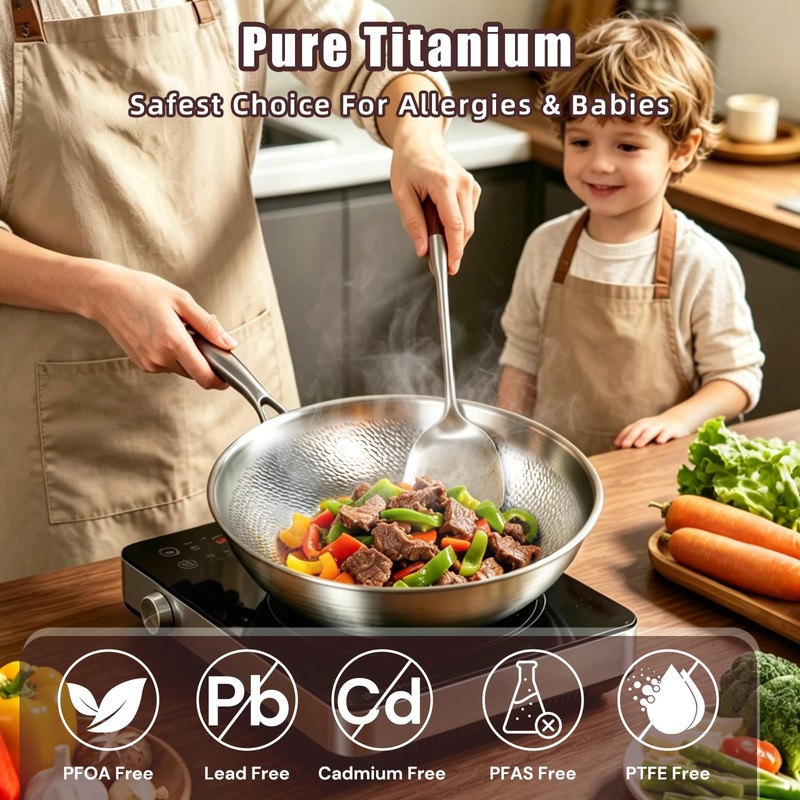 Pure Titanium Wok,12.6" Flat Bottom Wok Pan with Lid