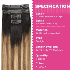 Lashey Clip in Hair Extensions 4pcs 46g Ombre Balayage Ash Brown to Honey Blonde Seamless Clip in Hair Extensions Human Hair with Highlighted Effect 18 Inch Straight Human Hair Clip in Extensions