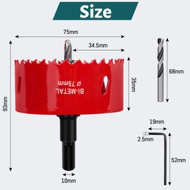 Yeepeo Hole Saw 75 mm, Universal HSS M42 Bi-Metal Hole Saws, Circular Hole Saw with Hex Shank and Drill Bit Set Drill Bit for Wood, Drywall, Plastics, 1 Piece Red