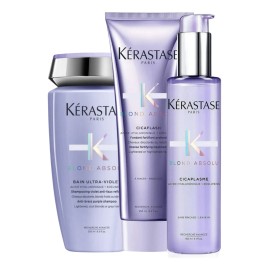 Kit Tratamiento para Cabello Kerastase Blond Absolu Shampoo Bain Ultra Violet Matizador Acondicionador Cicaflash y Termoprotector Cicaplasme para Cabello Rubio