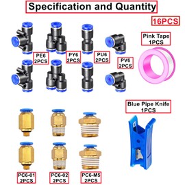 HAXIHA 12M Pneumatic Hose Clear 6 mm OD 4 mm ID Polyurethane PU Air Hose Pipe Compressed Air Hose is Suitable for Pneumatic Devices, with 14 Pieces Pneumati Connector (Y/T/L/I Shaped)