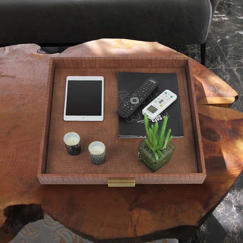 HofferRuffer Elegant Decorative Serving Tray, 20"x20" Square Faux Leather Ottoman