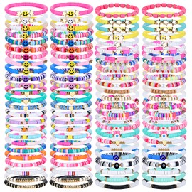 ZHLISHQINJJ 100 Pcs Friendship Bracelets for Women Bead Colorful Surfer Heishi Bracelet Set , Cute Clay Beaded Bulk Bracelets Stretch bracelets Clay for Women Stackable Bohemian Summer Beach Party, Valentine's Day, Birthday Gifts