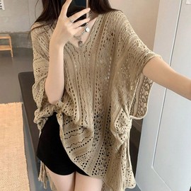 Women's V-Neck Knit Beach Cover-Up Cardigan Robe Dark Beige/FREE