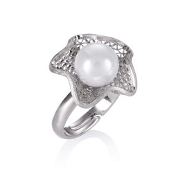 namana Adjustable Pearl Ring for Women, Large Cocktail Ring for Women with a Faux Pearl, Statement Ring in Floral Design with Filigree Detail, Large Matte Rings for Women with Jewelry Bag, Silver