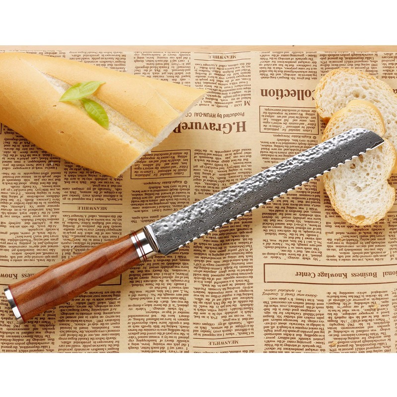 Sunlong Bread Knife 8 inch Sandwich Slicer Japanese Hammered Damascus