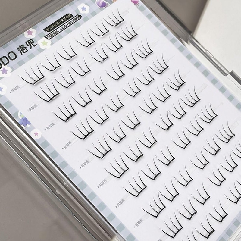 アニメスタイルの粘着式まつげクラスター - ブラック合成繊維まつげ、自然な外観、60個のクラスターエクステンション