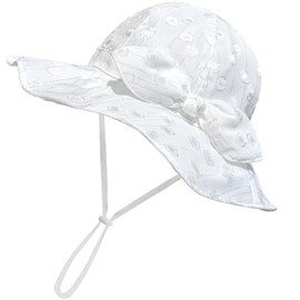 jerague Babies Girl Sun Hat 0-6 Months Infant Baby Newborn Summer Protection Hats Bow White Beach Bucket Cap with Gold Thread
