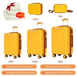 UUH Expandable Luggage Sets 9pcs/8pcs/7pcs/4pcs/3pcs Suitcase Sets  With Water-Proof and Expandable Layer Makeup Bag Side Hooks And TSA Lock:_8pcs-Golden Yellow