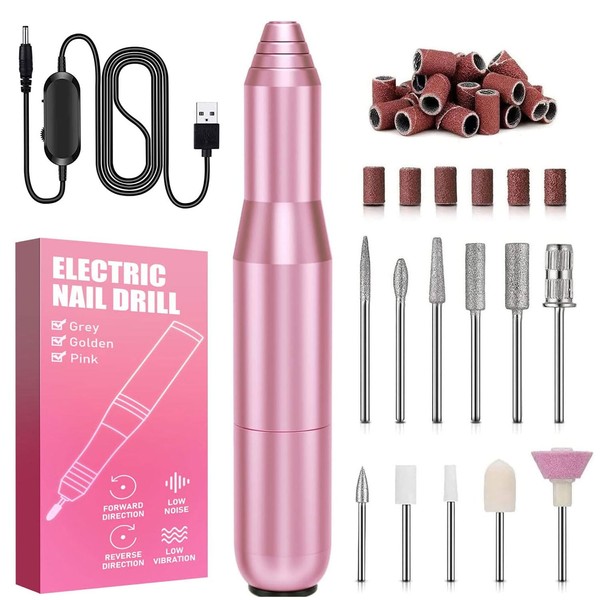 USB Electric Nail Files, Electric Nail Drill Machine for Acrylic Nails, Portable Nail File Drill, Adjustable Speed for Acrylic Gel Nails (Pink)