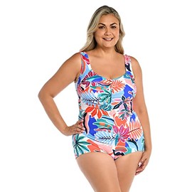 Maxine Of Hollywood Women's Standard Shirred Front Girl Leg One Piece Swimsuit, Multi//Tropical Abstraction, 16