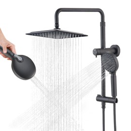LOCALAND 10 Inch High Pressure Rainfall Shower Head with Handheld Combo, 9 Setting Handheld Shower Head, Adjustable Height Shower Extension Arm and Slide Bar for Easy Reach - Matte Black