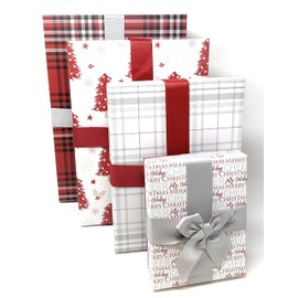 The Seasonal Shop 4 Luxury Apparel Christmas Gift Boxes Nesting Stacked Rectangle Boxes with Lids, Bows, and Holiday Tags in Assorted Sizes for Holiday Decoration or Decorative Present Wrapping (Red)