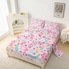 QOOMO Pink Axolotl Kids Sheet Set for Kids Girls,Cartoon Flowers Print Bedding Sets, Cute Kawaii Room Decor Queen Size for Bed Sets with Deep Pocket, 1 Fitted Sheet, 1 Flat Sheet, 2 Pillow Cases