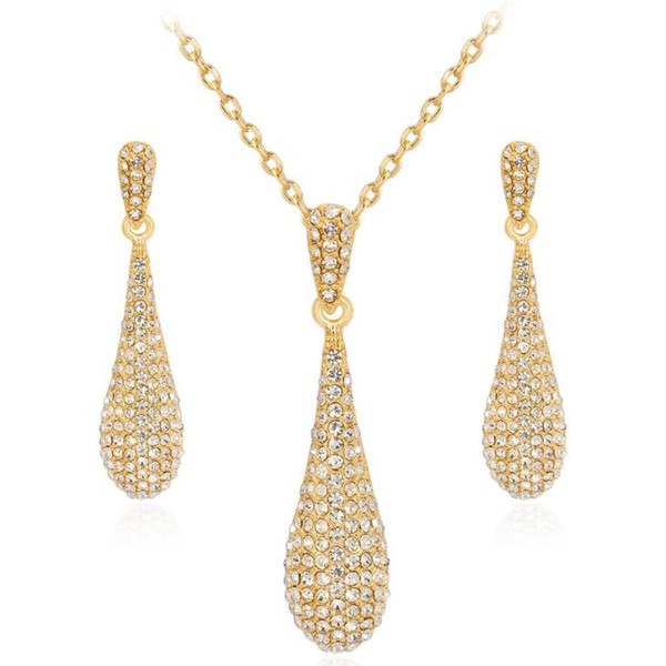 YINLI Gold Full Crystal Rhinestone Gem Tear Drop Pendant Necklace Earrings Jewelry Sets (Style01)