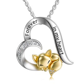 LONAGO Fox Necklace Sterling Silver Foxes Heart Necklace Gift for Women Mother Grandmother Mom Daughter