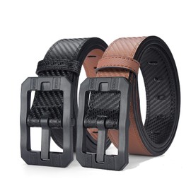 MACBORO Big Buckle Reversible Leather Belt | TSA Approved, Hypoallergenic, Nickel-Free, Non-Metal, Airport Friendly with Plastic Buckles