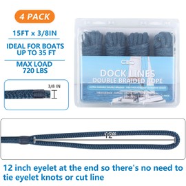 Dock Lines 15' x 3/8" Double Braided Marine Mooring Ropes 4 Pack, Boat Ropes for Docking with 12'' Eyelet Premium Dock Lines for Boats - Navy Blue