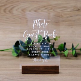 Clear Acrylic Photo Guest Book Sign with Wood Stand- 5”x 7" Clear Acrylic Wedding Reception Sign with Holder, Snap A Photo Sign for Wedding Reception & Event Party