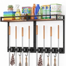 FLOUREE Broom Holder Wall Mount with Shelf, 15.7" Wx6.7 Dx15.7 H, 2 Packs
