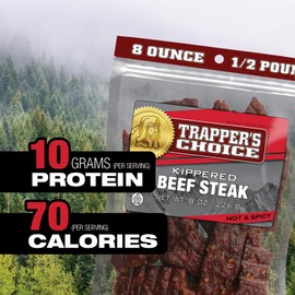 Old Trapper, Trapper's Choice Hot & Spicy Kippered Beef Steak, Eight-Ounce Individual Package, 10 Grams of Protein and 70 Calories Per Serving (Pack of One)