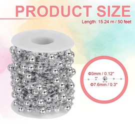 PATIKIL 50ft Christmas Tree Beads Garland Craft Pearl Bead Garland Pearl String Strands Chain Roll for DIY Fireplace Wedding Party, Silver