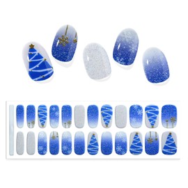 SILPECWEE Semi Cured Gel Nail Strips (Christmas Snowflake Blue - 24PCS), Gel Nail Stickers Full Nail Wraps Need UV Light, Salon Quality & Easy to Use - with Prep Pads, Nail File, Wood Stick