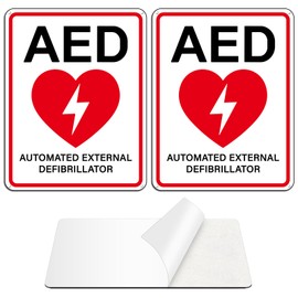 2 Pack AED Sign 10 X 7 Inch Aluminum AED Signs for Wall Self Adhesive Automated External Defibrillator Sign with 4 Pre-Drilled Holes for Business School Restaurant Hospital Office Public Place (White)