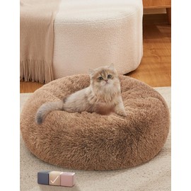 OhGeni Calming Donut Cat Bed For Indoor Cats, Machine Washable Plush Warming Bed For Kitten & Puppy, Anti-Slip Round Cuddle Comfort Pet Bed, Cozy Fluffy Fur Bed for Small Cats & Dogs, Ocher, 20 inches