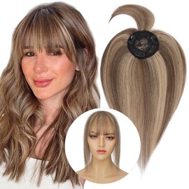 Hairro Hair Toppers with Bangs Human Hair Clip in Hair Piece for Women 8.5 * 8.5cm Mono Base Hair Topper Cover Thinning Hair Loss 14 inch #4P27 Highlight Medium Brown Blonde