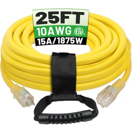 POWGRN 25 Ft 10AWG Outdoor Extension Cord Waterproof Heavy Duty 10 Gauge 3 Prong, Flexible Cold-Resistant Power Cord Indoor & Outside with Lighted Indicator End, 15Amp 1875W SJTW Yellow ETL Listed