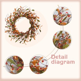 18 Inch Fall Wreath for Front Door Artificial Welcome Wreaths with Leaves Berry Autumn Farmhouse Wreath for Inside Outside Wall Porch Harvest Thanksgiving Day Decor Orange