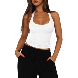 Hragc Womens Halter Top Deep Scoop Neck Low Cut Racerback Tank Top for Women Workout Ribbed Knit Fitted White Small Sleeveless Cami Shirt