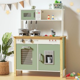 Babytronic Kids Play Kitchen, Wooden Kitchen Playset for Kids Ages 3+ with Real Lights, Sounds, Stove, Sink, Oven, and 30 Pcs Accessories, Toys Kitchen Small Pretend Play Kitchen for Toddlers (Green)