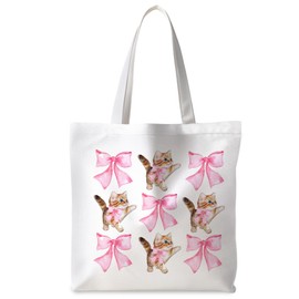 ignytiger Pink Bow Cat Tote Bags for Women, Cat Mom Lady Gifts for Women Lovers, Reusable Grocery Bags Shopping Bags