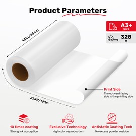 InkSonic A3+ DTF Film Roll 13 inch × 328ft, DTF Transfer Paper for Direct Transfer Film Printer, Double Sided Coated with Anti-Static Layer, Matte, Cold & Hot Peel Compatible