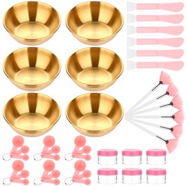 Ujuuu 24 Pcs Esthetician Facial Supplies Set DIY Face Mask Mixing Tool Kit Includes Gold Stainless Steel Bowls Pink Facemask Brushes Measuring Spoons Mini Cream Box for Women Skincare Home Spa Use