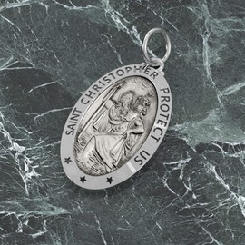 US Jewels Men's 925 Sterling Silver 29mm Saint Christopher Oval Antique Pendant 3.7mm Curb Chain Necklace, 26in