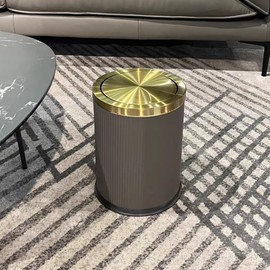YOJIA 4 Gallon / 15L Trash Can Bathroom with Swing Lid, Grey Gold Garbage Can, Leather Modern, Large Office Waste Basket, for Bedroom, Kitchen, Powder Room, Hotel, Business(15L Grey)