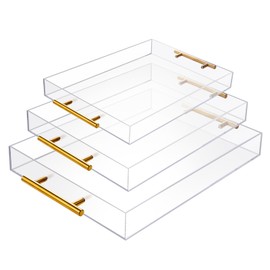 Vevitts 3 Pack Clear Acrylic Serving Tray with Gold Handles Serving Tray Spill Proof Acrylic Bathroom Decorative Tray Organizer for Coffee Table Countertop Appetizer Breakfast Vanity
