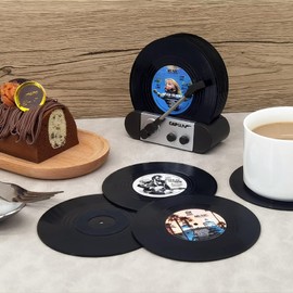 Funny Retro Vinyl Record Coasters, Creative Drink Coasters Set of 6 with Vinyl Record Player Holder for Music Lovers, Housewarming Hostess Gifts, Birthday and White Elephant Gifts Ideas (6, V1)