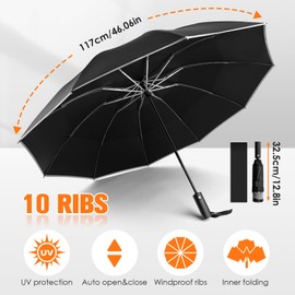 GlasFlength Regenschirm Sturmfest Groß, 105cm Nach Innen Klappbarer Schirm 10 Rippen Taschenschirm Automatik Reflexstreifen Regenschirme Umbrella Windproof Kompakter Regenschirme Herren Damen, Schwarz